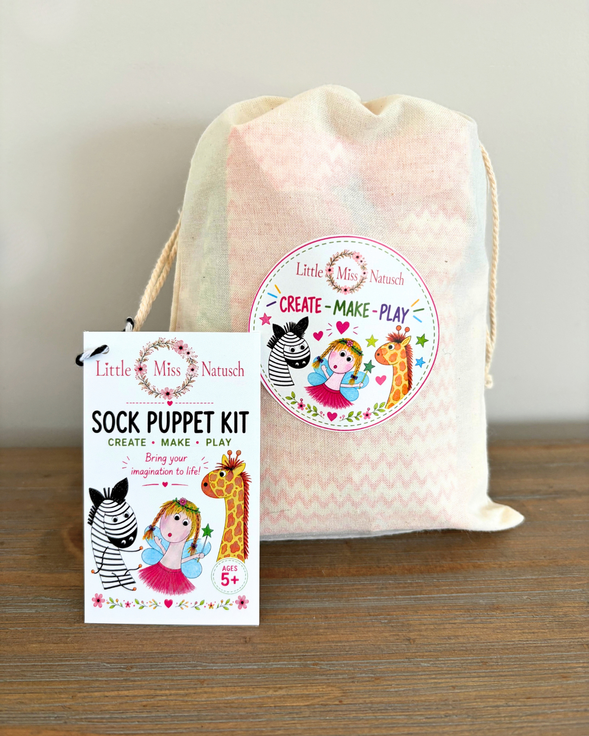 Little Miss Natusch drawstring kit bag with colourful Create, Make, Play branding and an ages 5+ tag