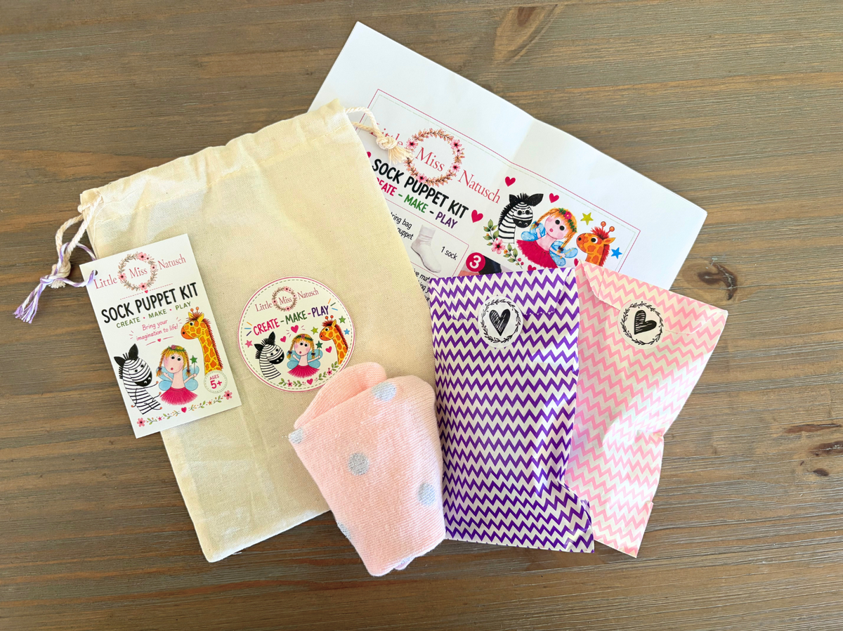 Little Miss Natusch Cheeky the Fairy sock puppet craft kit with drawstring bag, instructions, pink sock and packaged craft materials