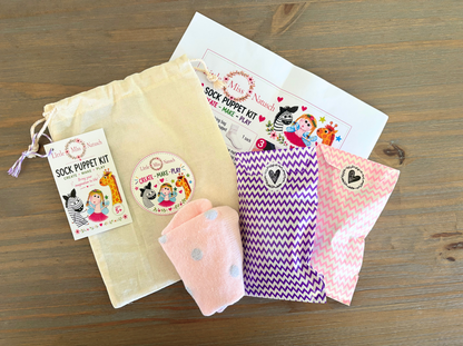 Little Miss Natusch Cheeky the Fairy sock puppet craft kit with drawstring bag, instructions, pink sock and packaged craft materials