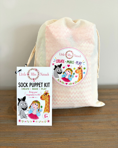 Little Miss Natusch drawstring kit bag with colourful Create, Make, Play branding and an ages 5+ tag